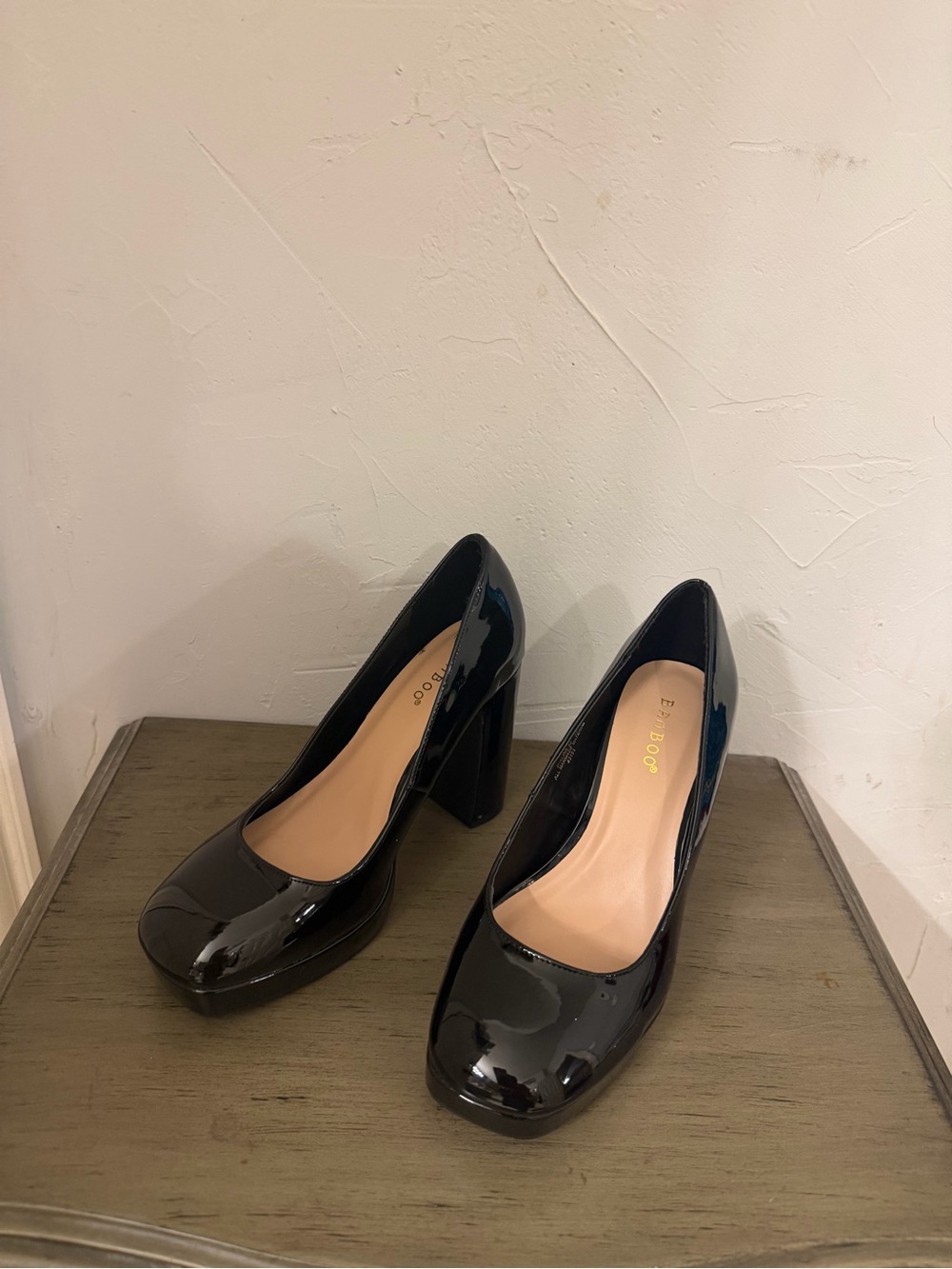 BAMBOO Black Patent Block Heel Pumps